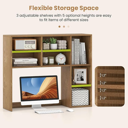 GOFLAME 7 Cubes Desktop Bookshelf, 37” Desk Organizer Shelf with 3 Adjustable Shelves, 3-Tier Wood Countertop Display Rack, Multipurpose Tabletop Desk Hutch for Dorm, Home Office, Natural