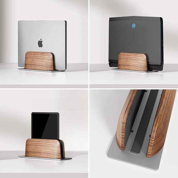 UPERGO Vertical Laptop Stand for Desk, Laptop Holder to Dock MacBook, MacBook Pro and Other Laptops, Black Walnut Wood | Solid Black Walnut Wood & Aluminum, Adjustable 0.79"–1.42", Scratch-Resistant Pads, Anti-Slip Base, Natural Wood Grain