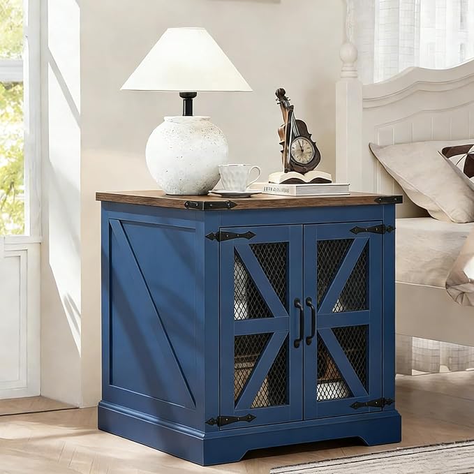 Farmhouse End Table Set with Charging Station Set of 2, Living Room Tables with Hidden Storage, Wood Square Sofa Bedside Tables, Night Stand with Power Outlet and Door, Blue