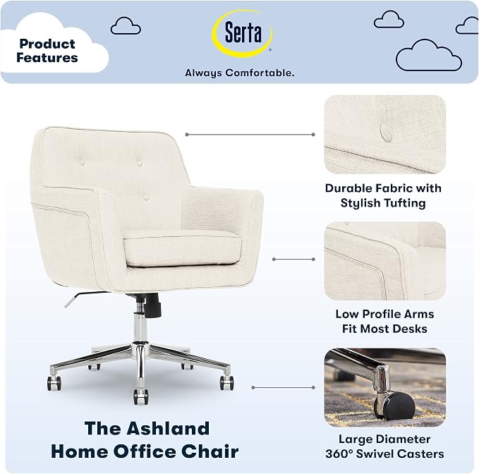 Serta Ashland Home Office Desk Chair with Button Tufted Mid-Back, Memory Foam Cushion and Padded Arms, Mid Century Modern Vanity Armchair with Wheels for Bedroom, Chrome Metal Base, Ivory