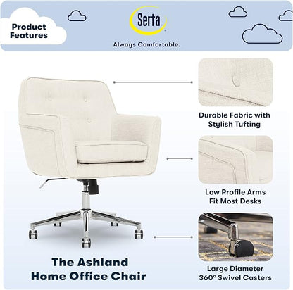 Serta Ashland Home Office Desk Chair with Button Tufted Mid-Back, Memory Foam Cushion and Padded Arms, Mid Century Modern Vanity Armchair with Wheels for Bedroom, Chrome Metal Base, Ivory
