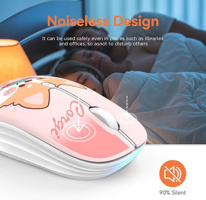 FMOUSE Cute Wireless Mouse, Bluetooth & 2.4GHz Dual Mode with USB Receiver, Silent Click, AA Battery Powered, for Kids Students Teen Girls, Compatible with Laptop Mac iPad PC (Strawberry Corgi)