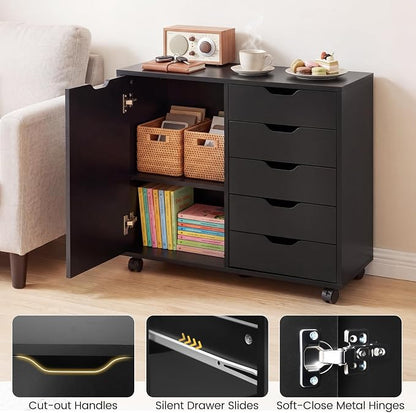 Giantex 5-Drawer File Cabinet with Wheels, Wooden Rolling Lateral Filing Cabinet with Door and Adjustable Shelf, Chest of Drawers, Mobile Printer Stand Organizer for Home Office (Black)