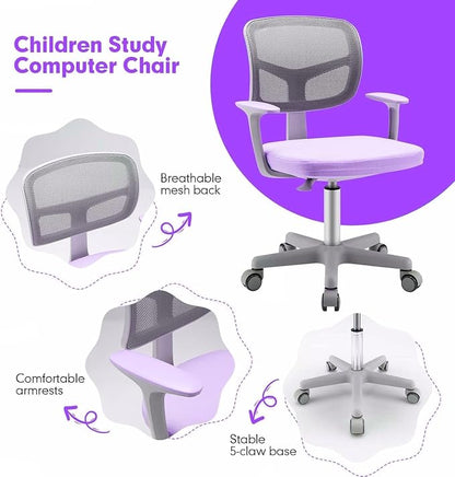 Kids Desk Chair, Height Adjustable Children Study Chair w/Lumbar Support, Swivel Mesh Seat, Universal Casters, Ergonomic Kids Task Chair for Boys Girls Aged 3-10, Home, School, Office (Purple)