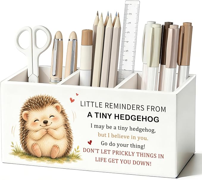 Positive Hedgehog Pen Pencil Holder Desk Decor Gifts for Women | Cute Hedgehog Inspirational Pen Pencil Wooden Organizer Office Desk Accessories Decorations for Dorm Room Bedroom Tabletop