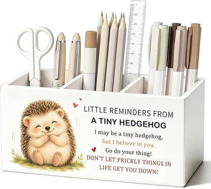 Positive Hedgehog Pen Pencil Holder Desk Decor Gifts for Women | Cute Hedgehog Inspirational Pen Pencil Wooden Organizer Office Desk Accessories Decorations for Dorm Room Bedroom Tabletop
