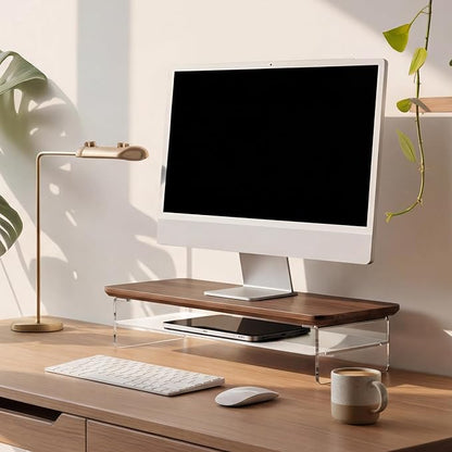 Fenge Acrylic Monitor Stand Riser, 23.6 Inches Monitor Stand with Metal Storage, 2 Tier Acrylic Computer Riser for Desk, Clear Laptop Stand for PC, Laptop, Printer, TV