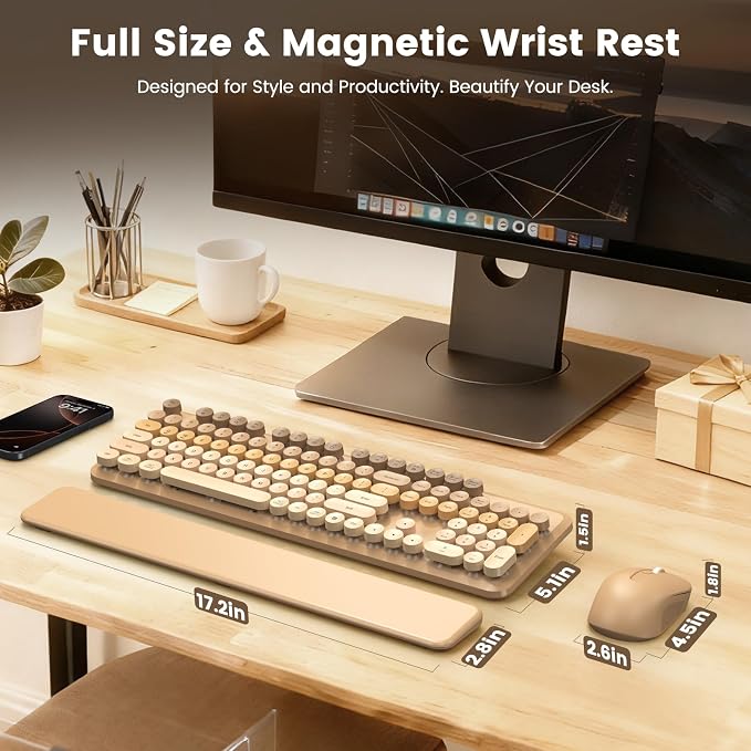 Wireless Keyboard and Mouse Combo, Full-Size Retro Typewriter Keyboard with Round Keycaps, Magnetic Wrist Rest & Tilt Legs, 2.4GHz Cordless for Mac/Windows PC/Laptop, SABLUTE CK23, Latte Gradient