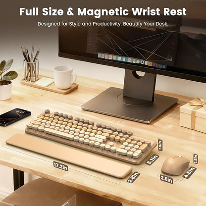 Wireless Keyboard and Mouse Combo, Full-Size Retro Typewriter Keyboard with Round Keycaps, Magnetic Wrist Rest & Tilt Legs, 2.4GHz Cordless for Mac/Windows PC/Laptop, SABLUTE CK23, Latte Gradient