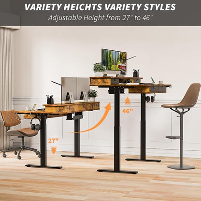 Kingant 63 x 30 Inch Electric Standing Desk with 4 Drawers, Adjustable Height Computer Desk for Home Office, Large Workstation Sit Stand Up Desk with Built-in USB A/C Charging Ports, Rustic Brown