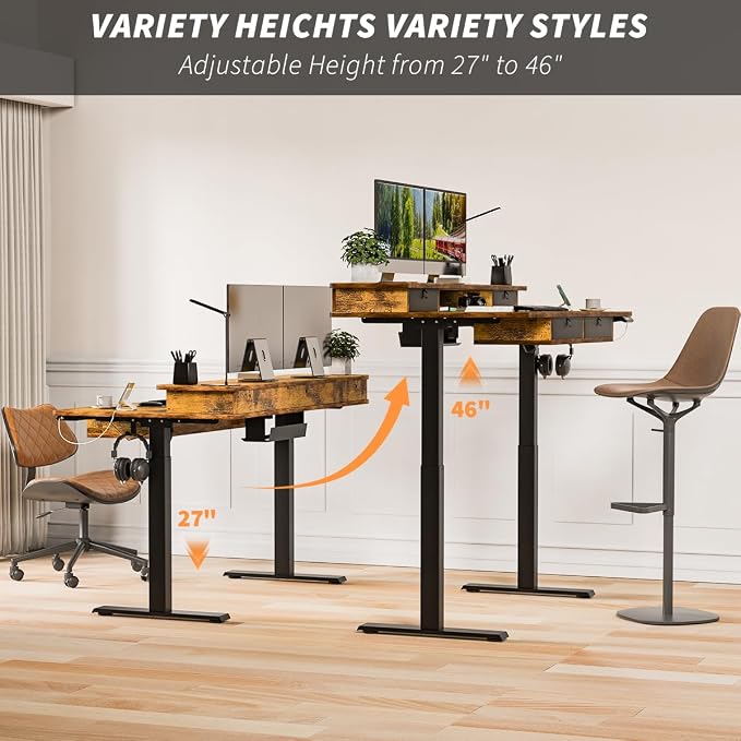 Kingant 48 x 30 Inch Electric Standing Desk with 4 Drawers, Adjustable Height Computer Desk for Home Office, Large Workstation Sit Stand Up Desk with Built-in USB A/C Charging Ports, Rustic Brown