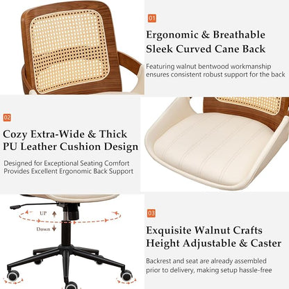 Home Office Desk Chair with Ergonomic Rattan Backrest, Walnut Crafts, Curved Arms, Faux Leather, Caster Wheels, Height Adjustable, Computer Chair for Desk Work, Executive Task, Conference Room - Beige
