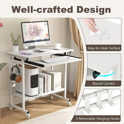 Tangkula Rolling Computer Desk Cart with Keyboard Tray, Mobile Portable Laptop PC Desk with CPU Stand & 3 Hooks for Sofa & Bed, Compact Small Desk on Wheels for Small Spaces (White)