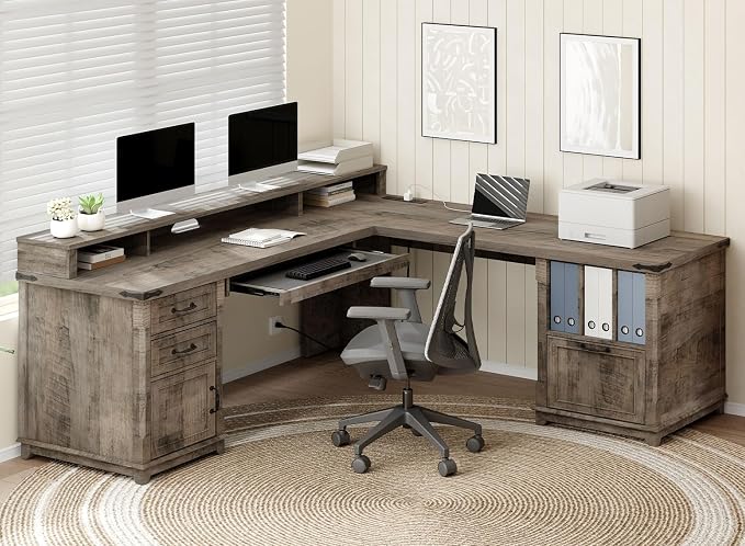RALGEND Farmhouse 69" Executive L Shaped Desk with Drawer, Home Office Desk with Charging Station, Corner Computer Desk with Monitor Stand, File Drawer, Storage Cabinet, Greige