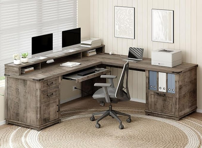 RALGEND Farmhouse 69" Executive L Shaped Desk with Drawer, Home Office Desk with Charging Station, Corner Computer Desk with Monitor Stand, File Drawer, Storage Cabinet, Greige