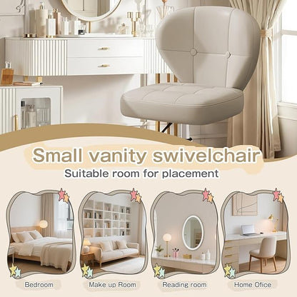 Vanity Chair with Back – Small Armless Office Chair with Wheels, Lumbar Support, PU Leather, Adjustable Height, 360° Swivel for Home, Bedroom, Office White Set of 2