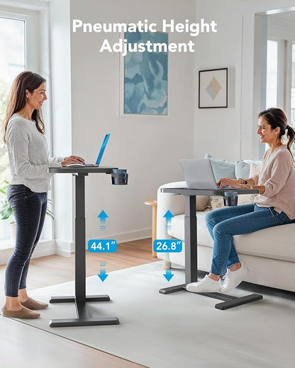 HUANUO 28Inch Bedside Table with Wheels, Height-Adjustable Rolling Computer Cart, Overbed Table with Cup Holder, Pneumatic Laptop Standing Desk for Home Office, Black