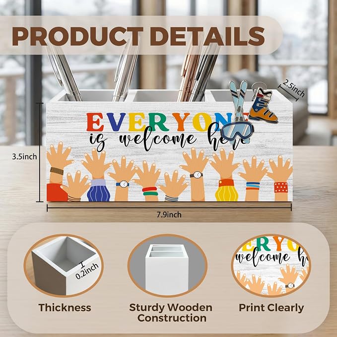 Inspirational Classroom Welcome Pencil Pen Holder for Desk Organizer, Everyone is Welcome Here, Diversity Equality Classroom Wooden Box Decorations for Kids LGBT Pride Black Lives Matter