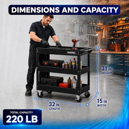 Hantec 3-Tier Rolling Mechanic Tool Cart – Heavy-Duty Steel Service Cart on Wheels with 360° Swivel Lockable Casters & Ergonomic Handle, 220 LBS Capacity, 31.9" L x 15" W x 30.7" H, Tool Organizer