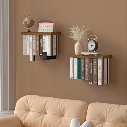 Floating Book Shelves for Wall Set of 2, Unique Wood Hanging Bookshelf | Easy Install Wall Bookshelf with Anti-Tilt Metal Bracket, Floating Bookshelf Storage Display Wall Shelves for Home Decor
