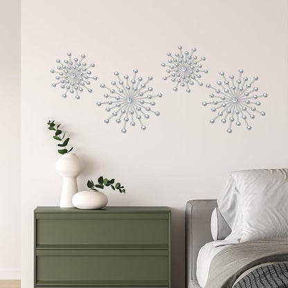 ZEXUIRU 4 Set Silver Starburst Wall Art for Home Decor Metal Bling Crystal Rhinestones Sunburst Wall Decor Sparkling Rhinestone Art Accent Silver - 13 in