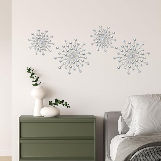 ZEXUIRU 4 Set Silver Starburst Wall Art for Home Decor Metal Bling Crystal Rhinestones Sunburst Wall Decor Sparkling Rhinestone Art Accent Silver - 13 in