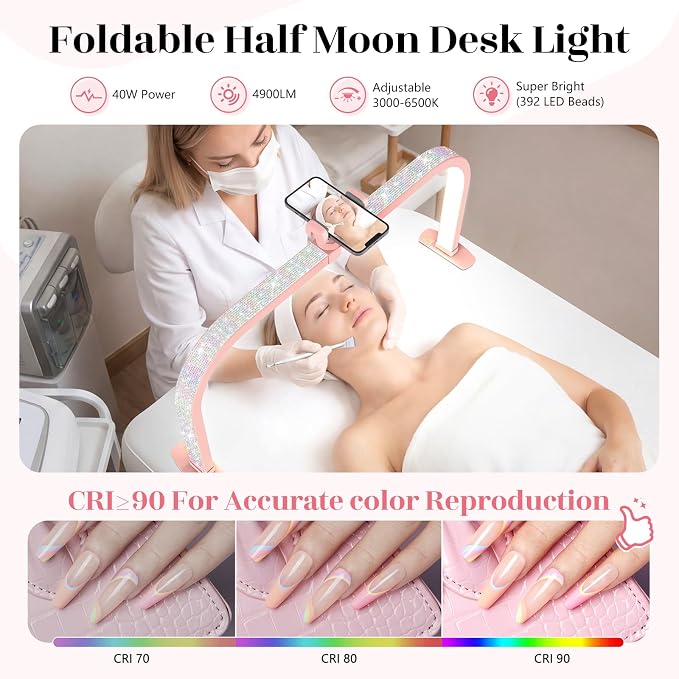 LIONVISON Nail Light Half Moon: 29" Foldable Half Moon Light for Nail Desk - 3 Color Modes & 10 Brightness - Arch LED Nail Desk Lamp with Phone Holder for Manicure Salon (Pink with Diamond)
