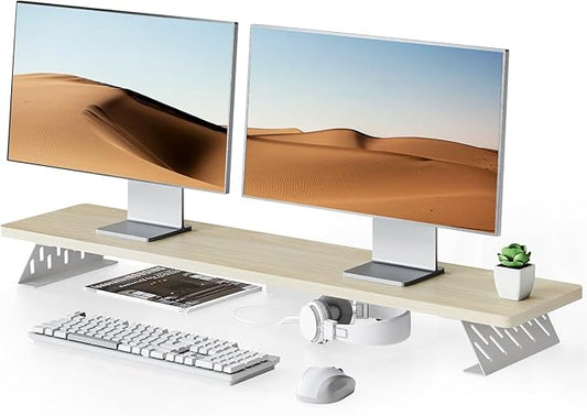 Fenge Dual Monitor Stand Riser, 42.5 Inch Desk Top Shelf for 2 Monitors, Computer Stands for Desk, Wood & Steel Desktop Riser for Laptop, PC, Printer