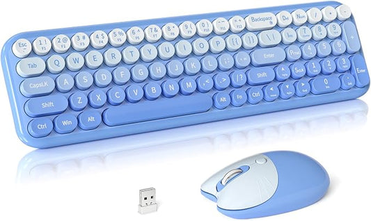 Wireless Keyboard and Mouse Combo, Meidosa 2.4GHz Colorful Full-Size Retro Typewriter Keyboard with Cat Shape 3 Level Adjustable Optical Mouse for PC/Desktop/Laptop/Windows (Blue Gradient)