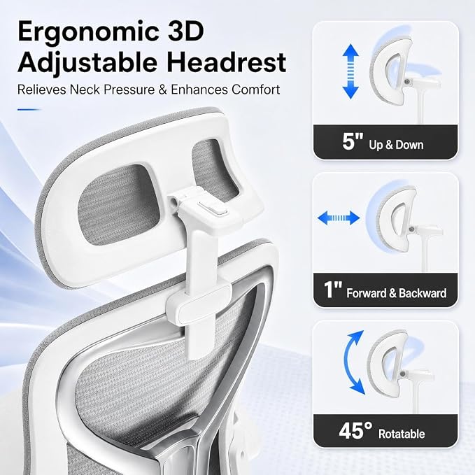 Ergonomic Office Chair for Back & Neck Pain Relief, Virgin Foam Seat, 2D Adjustable Lumbar & 3D Headrest, Tilt & Rock for Relaxation, Ideal for Long Sitting Comfort, Gray/Silver