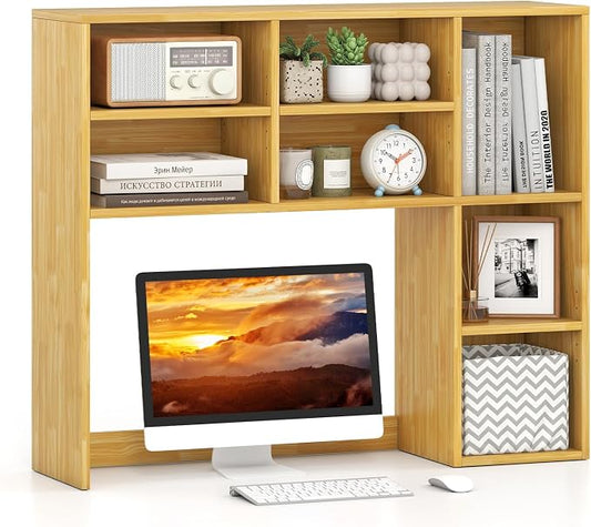 GOFLAME 7 Cubes Desktop Bookshelf, 37” Desk Organizer Shelf with 3 Adjustable Shelves, 3-Tier Wood Countertop Display Rack, Multipurpose Tabletop Desk Hutch for Dorm, Home Office, Burlywood