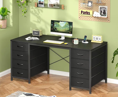 YOMILUVE 50 Inch Computer Desk with 8 Drawers, Home Office Desk with Power Outlets, Work Study Gaming Desk with 8 Fabric Drawers, Black