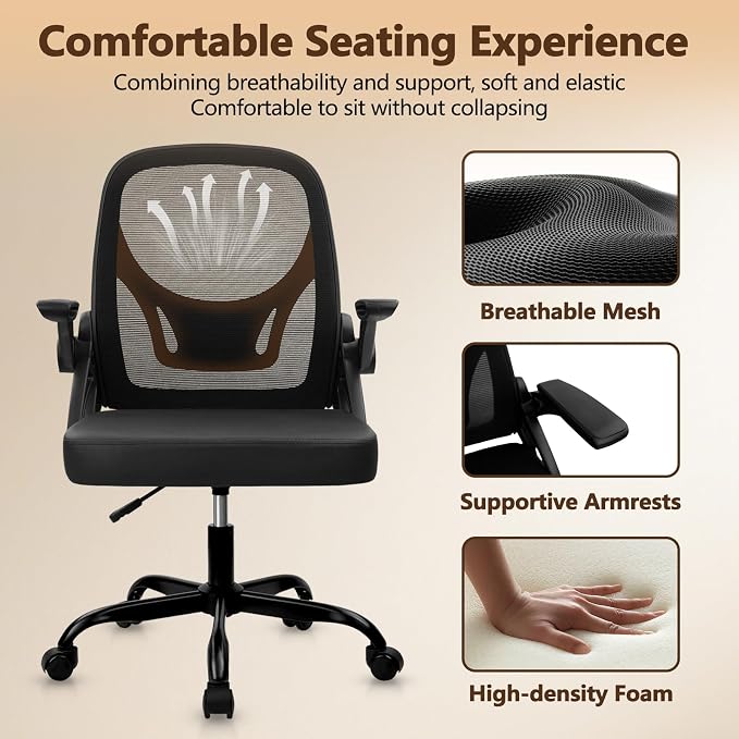 CLATINA Office Chair with Wheels, Ergonomic Flip Up Arms Mesh Back Desk Chairs with Lumbar Support, PU Leather Seat Adjustable Height Swivel Rolling Computer Task Chair for Study Home School, Black