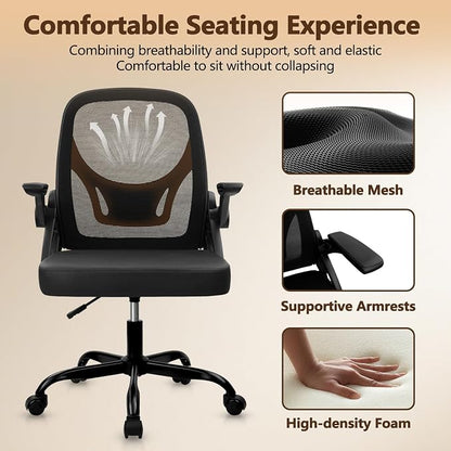 CLATINA Office Chair with Wheels, Ergonomic Flip Up Arms Mesh Back Desk Chairs with Lumbar Support, PU Leather Seat Adjustable Height Swivel Rolling Computer Task Chair for Study Home School, Black