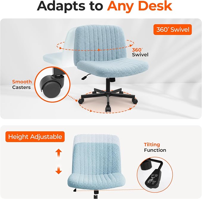 Orange Factory Criss Cross Chair Wheels Vanity Chair Office Desk Comfy Wide Cross Legged Armless Teddy Fabric Adjustable Swivel for Home Computer Task (Blue, Teddy Fleece)