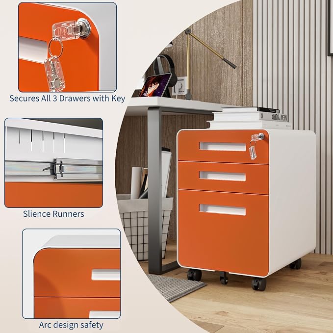 Garvee 3 Drawer File Cabinet with Lock, Under Desk Metal Mobile Filing Cabinet for Home Office, 5 Wheels Anti-Tipping Rolling File Cabinets for A4/Letter/Legal Size, Fully Assembled, Orange
