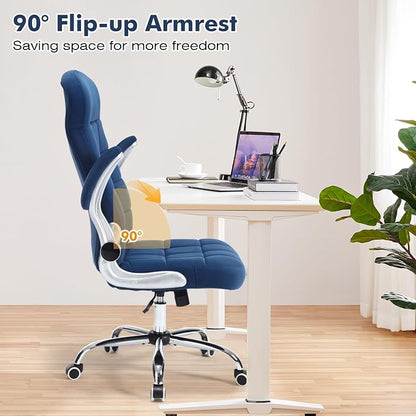 Fabric Home Office Chair Comfy, Velvet High Back Executive Desk Chair with Flip-Up Arms, Ergonomic Office Chairs with Lumbar Support, Upholstered Computer Chair with Wheels,Blue