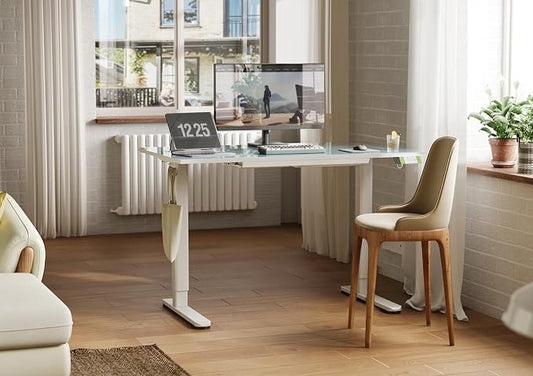 INNOVAR Glass Standing Desk with Drawers, Adjustable Height Stand Up Desk, Electric Standing Desks with Storage, 48 inch, Morandi Blue
