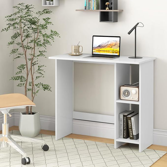 GOFLAME Small Computer Desk with Storage, Modern Writing Desk with Adjustable Shelf, Space Saving Laptop PC Desk with Anti-Toppling Kit, Wooden Study Desk for Home Office, White