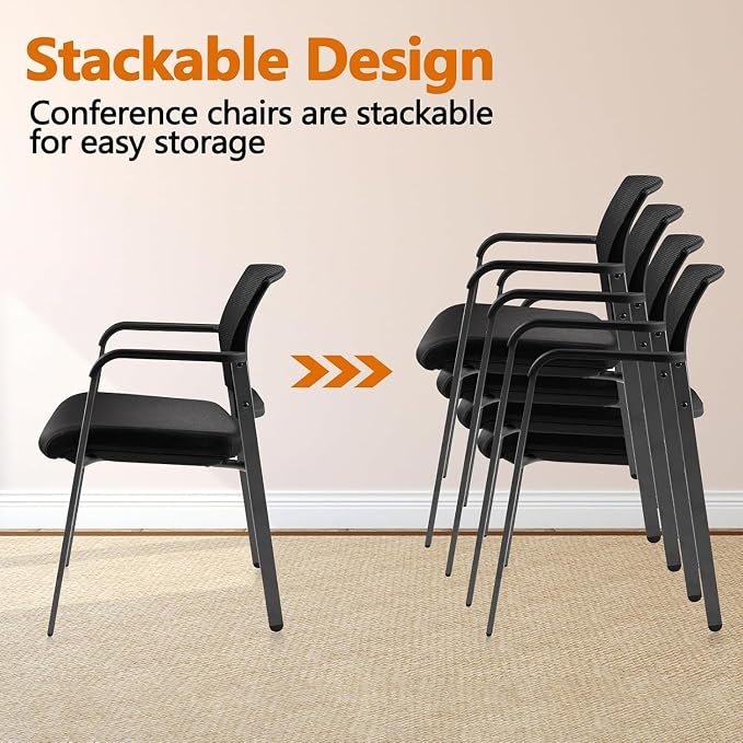 CLATINA No Wheels Conference Room Chairs Set of 8, Stackable Office Guest Reception Chair with Armrests, Mesh Back Waiting Room Chairs for Office, School, Lobby, Church, Black