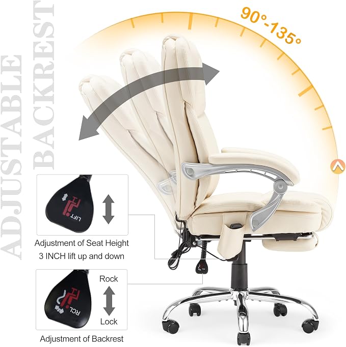 HOMREST Executive Office Chair with Footrest, 6-Point Massage Office Chair with Reclining Backrest, Heated Leather Computer Chair for Home Office(Cream)