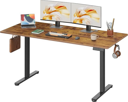 DEVAISE 63 Inch Electric Standing Desk, 3 Adjustable Computer Desk for Home Office, Ergonomic Sit to Stand Desk with LED Touchscreen，Headphone Hook, 3 Memory Preset, with Split Top, Rustic Brown