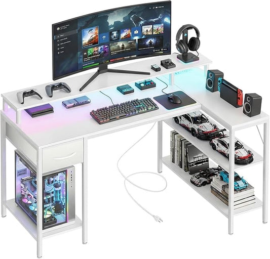 Alpen Computer Desk, L Shaped Desk for Gaming, Home Office Desk with LED Lights, Reversible Corner Desk with Shelves and Drawer, PC Desk for Living Room, Bedroom, 53 Inch, White