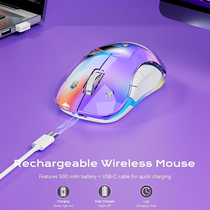 memzuoix 2.4G LED Wireless Mouse, Rechargeable Ergonomic Mouse with Detachable Cover, 1400 DPI Portable Optical Computer Mouse with USB Receiver for Laptop, PC, Desktop and MacBook, 5 Buttons-Purple