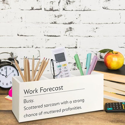 Work Forecast Wooden Pen Pencil Holder for Desk, Sarcastic Gifts for Women Men Coworkers, Funny Sarcastic Wood Makeup Brush Toothbrush Holder Organizer for Office Workplace Company