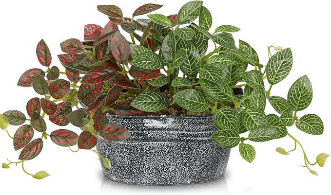 Artificial Plants Indoor 5.9" Faux Plant in Metal Pot, Small Fake Potted Plants with 2 Mixed Leaves Greenery Silk Plant for Living Room Desk Office Table Kitchen Farmhouse Shelf Home Vintage Decor