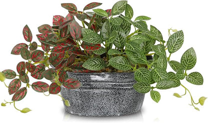 Artificial Plants Indoor 5.9" Faux Plant in Metal Pot, Small Fake Potted Plants with 2 Mixed Leaves Greenery Silk Plant for Living Room Desk Office Table Kitchen Farmhouse Shelf Home Vintage Decor