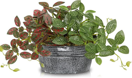 Artificial Plants Indoor 5.9" Faux Plant in Metal Pot, Small Fake Potted Plants with 2 Mixed Leaves Greenery Silk Plant for Living Room Desk Office Table Kitchen Farmhouse Shelf Home Vintage Decor