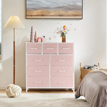 DUMOS Dresser for Bedroom, Storage Organizer with 9 Drawers, Chest of Drawers with Fabric Bins, Sturdy Metal Frame, Wood Tabletop for Guest Room, Closet, Entryway, Pink