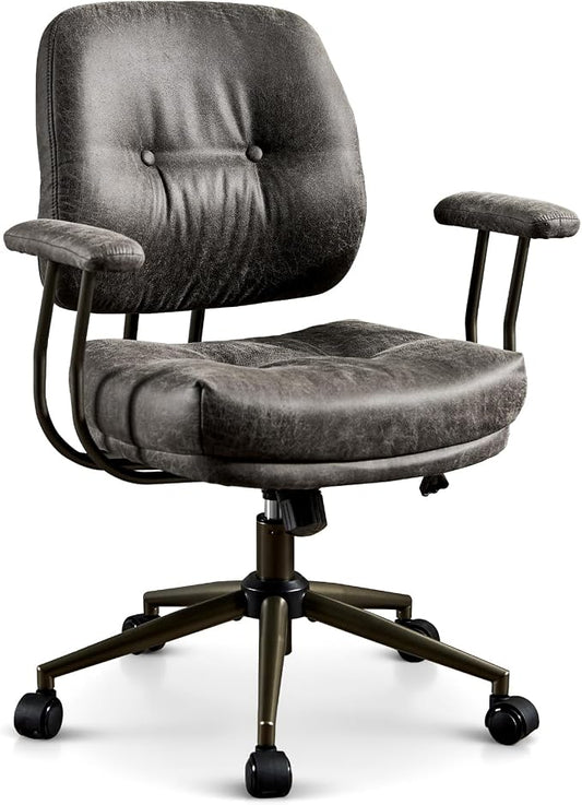 ovios Ergonomic Office Chair, Mid Back Faux Leather Executive Chairs with Thick Cushion, Comfy Mid-Century Modern Swivel Rolling Computer Armchair (Dark Grey, Suede Leather)